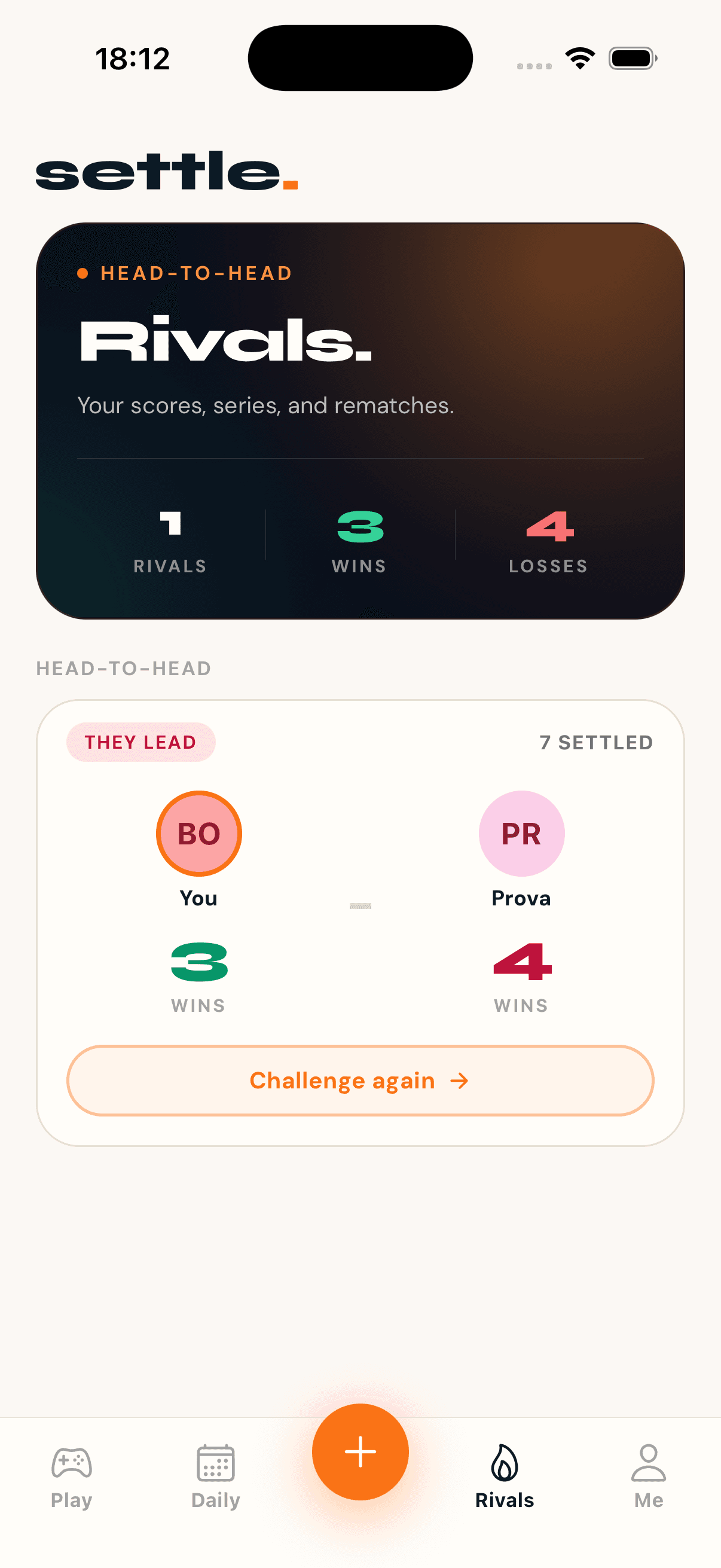 Rivals screen showing head-to-head record.